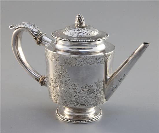 A George III tapered cylindrical silver teapot, height 5.25in., gross 11.9oz